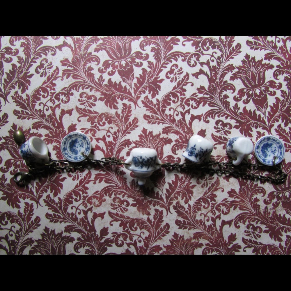 Blue tea party doll house charm bracelet cute fun